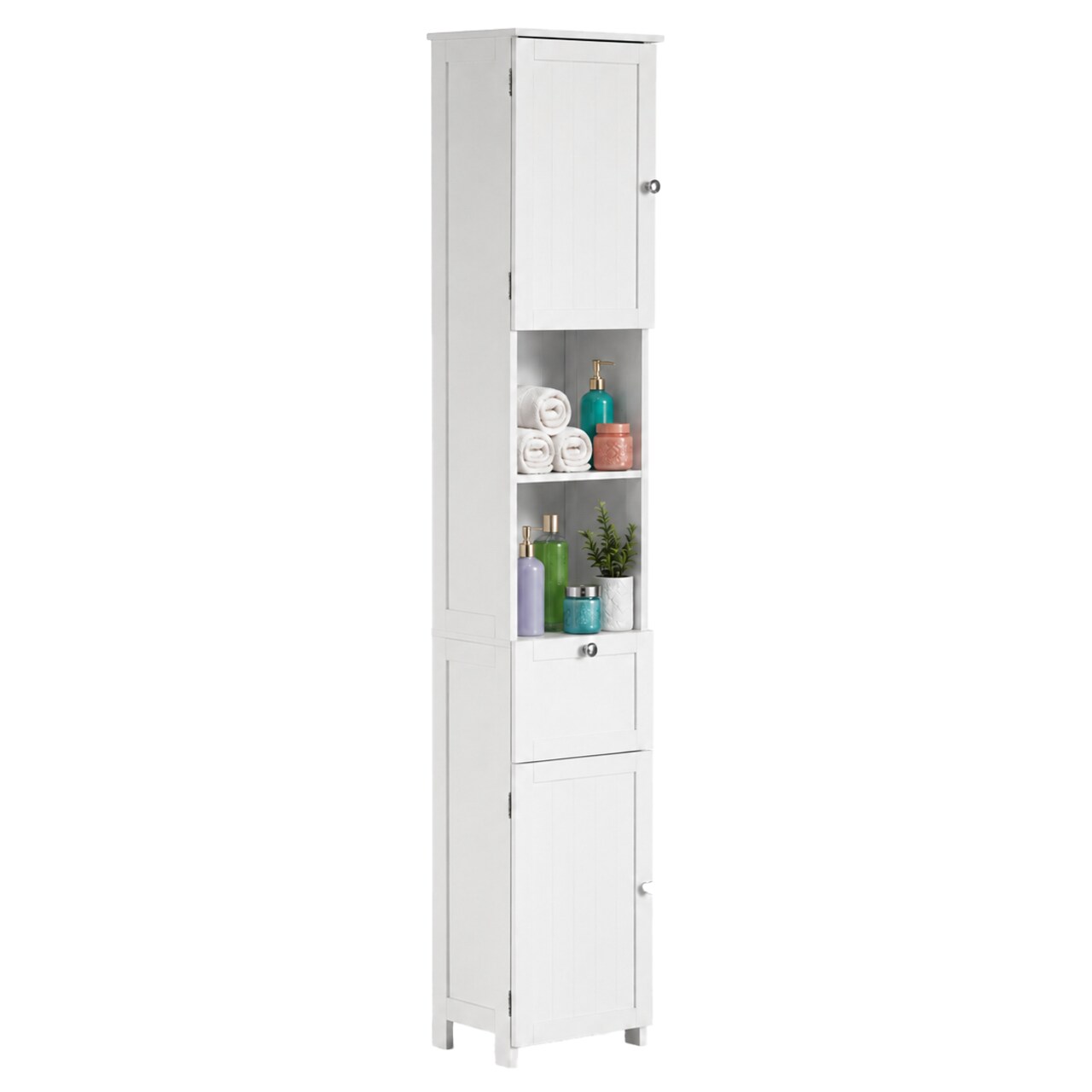 White Tall Standing Bathroom Linen Tower Storage Cabinet for Bathroom and Vanity